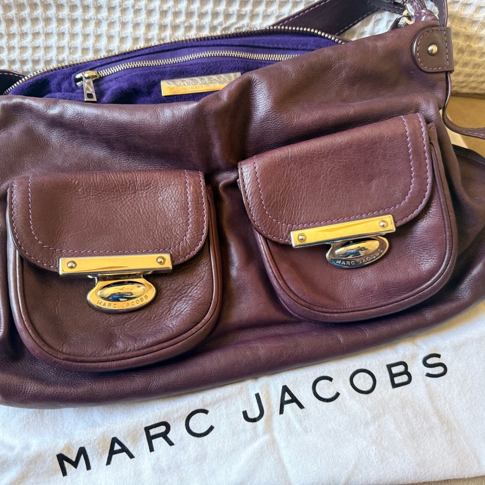 Marc Jacobs Burgundy Leather Shoulder Bag with Front Pockets
